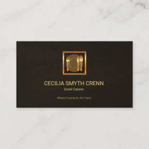 Elegant Wood Grain Gold Cutlery Logo Caterer Business Card