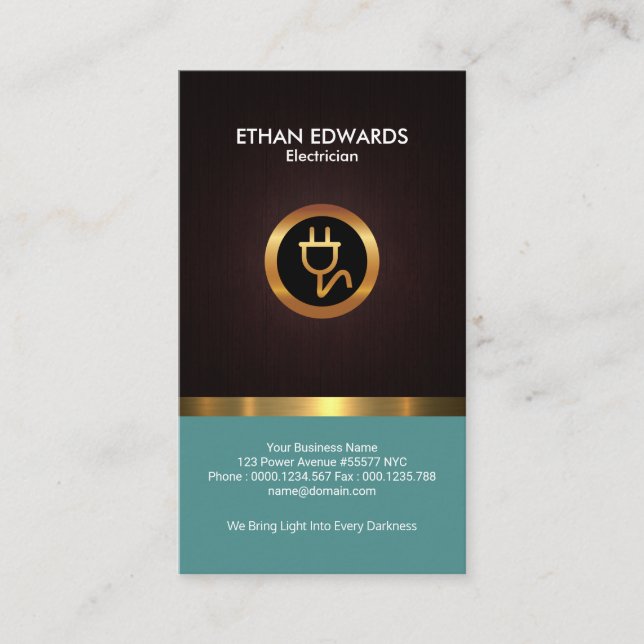 Elegant Wood Grain Shiny Gold Stripe Electrician Business Card (Front)