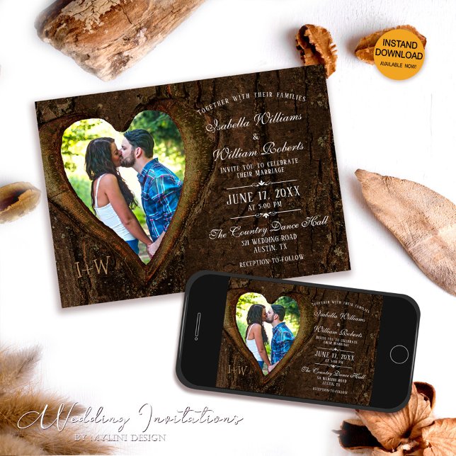 Elegant Wood Heart Photo Frame Rustic Wedding Invitation (Creator Uploaded)