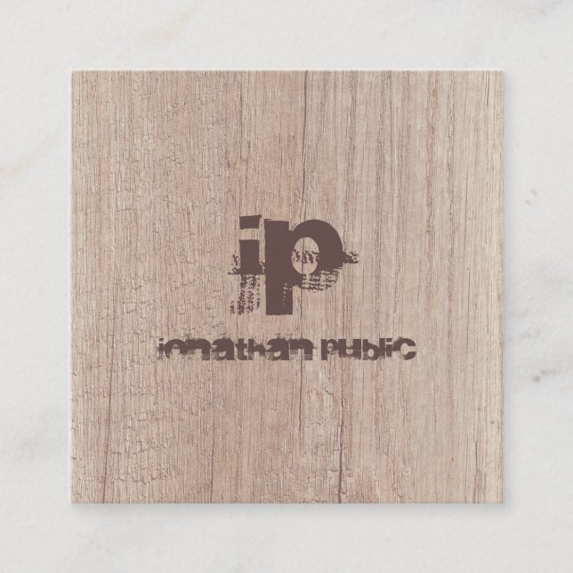 Elegant Wood Look Distressed Monogram Template Square Business Card (Front)