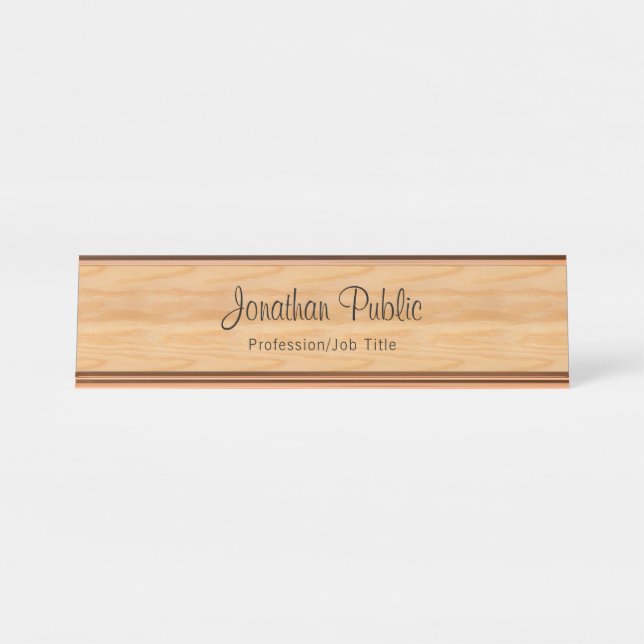 Elegant Wood Look Rose Gold Modern Template Desk Name Plate (Front)