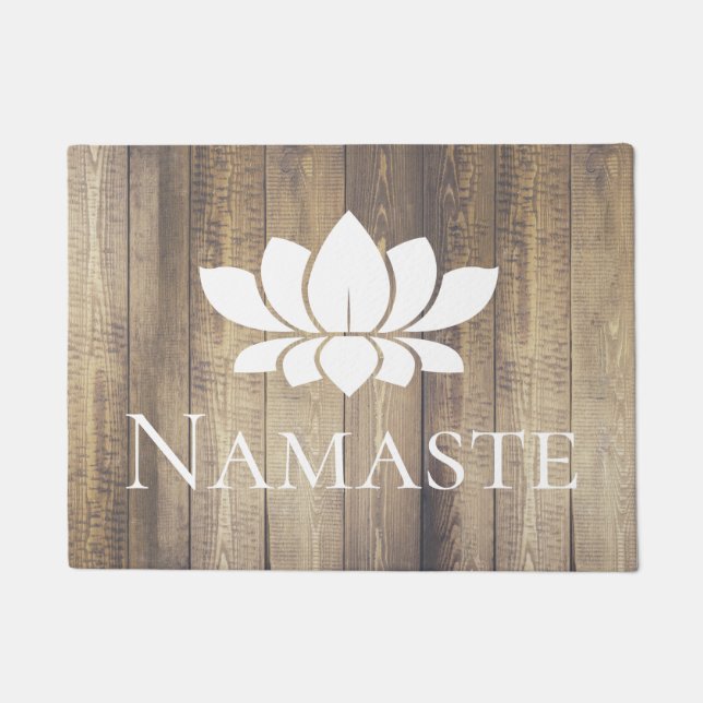 Elegant Wood Planks Namaste White Lotus Doormat (Front)