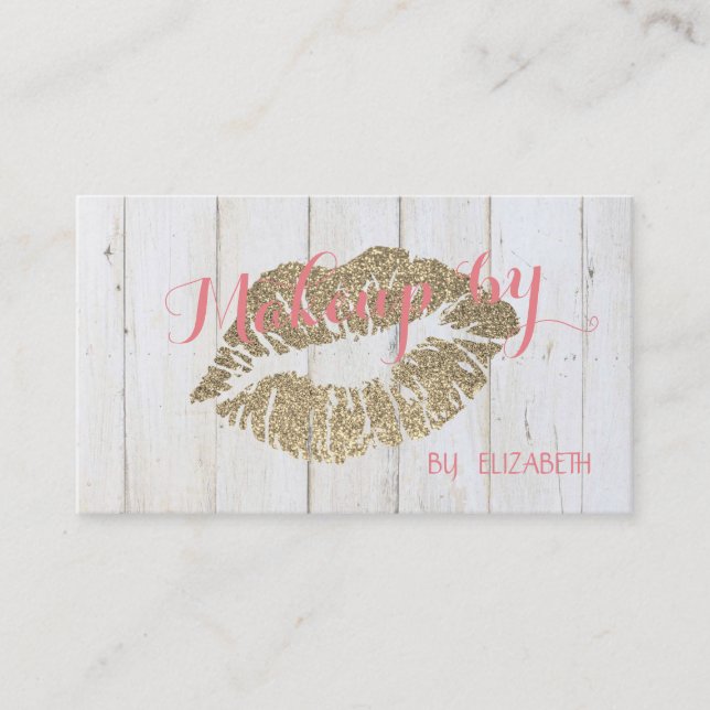 Elegant Wood Texture,Glittery Lips Business Card (Front)