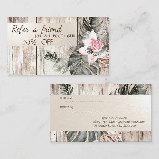 Elegant ,Wood Texture,Stripe,Palm Leave Roses  Referral Card (Front/Back)