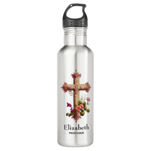 Elegant Wooden Cross with Pink Flowers 710 Ml Water Bottle