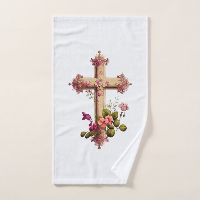Elegant Wooden Cross with Pink Flowers Bath Towel Set (Hand Towel)