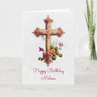 Elegant Wooden Cross with Pink Flowers Birthday