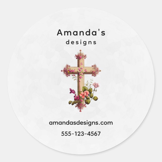 Elegant Wooden Cross with Pink Flowers Business Classic Round Sticker (Front)