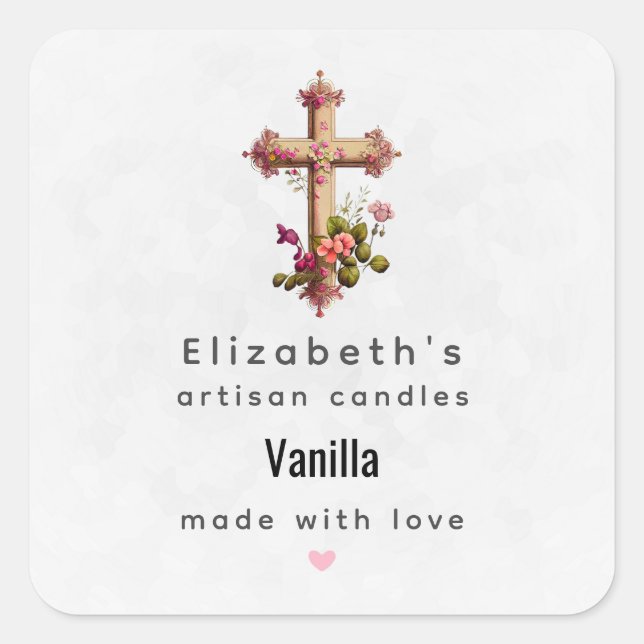 Elegant Wooden Cross with Pink Flowers Candle Biz Square Sticker (Front)