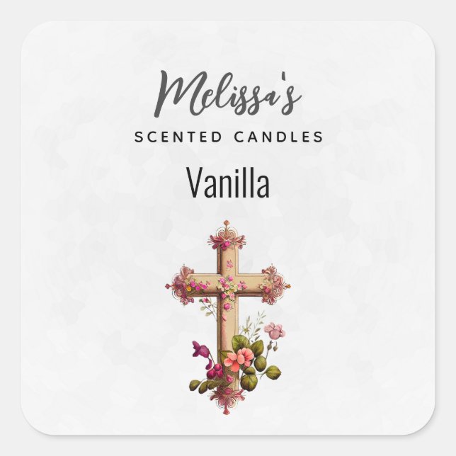  Elegant Wooden Cross with Pink Flowers Candle Biz Square Sticker (Front)
