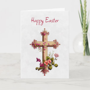 Elegant Wooden Cross with Pink Flowers Easter Card