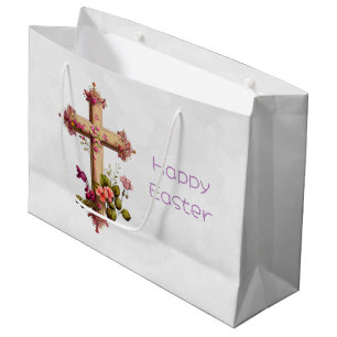 Elegant Wooden Cross with Pink Flowers Easter Large Gift Bag