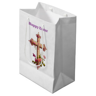 Elegant Wooden Cross with Pink Flowers Easter Medium Gift Bag
