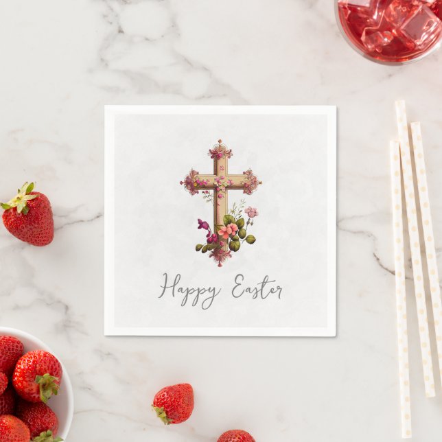Elegant Wooden Cross with Pink Flowers Easter Napkin (Insitu)