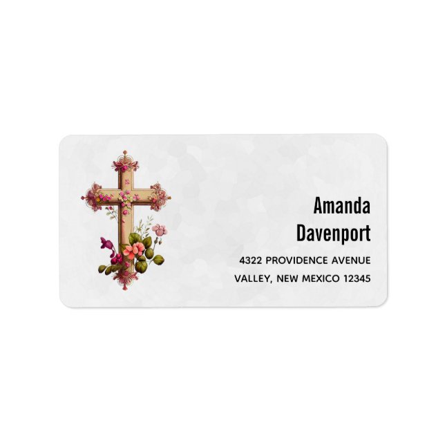 Elegant Wooden Cross with Pink Flowers Label (Front)