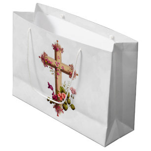 Elegant Wooden Cross with Pink Flowers Large Gift Bag