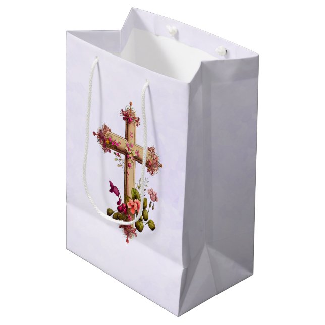 Elegant Wooden Cross with Pink Flowers Medium Gift Bag (Front Angled)