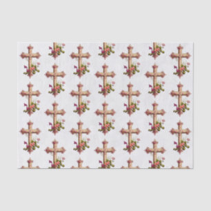 Elegant Wooden Cross with Pink Flowers Patterned Tissue Paper