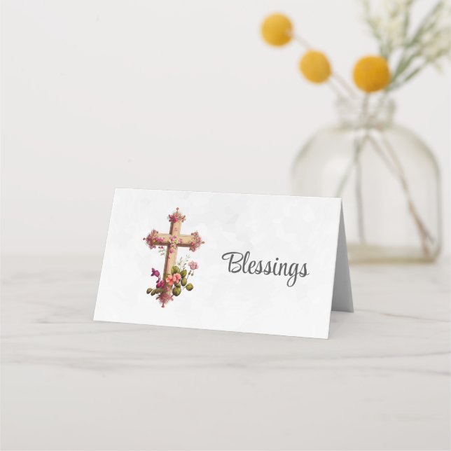 Elegant Wooden Cross with Pink Flowers Place Card (Front)