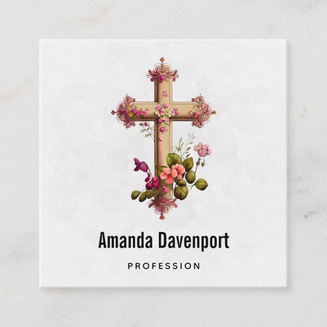 Elegant Wooden Cross with Pink Flowers Square Business Card (Front)
