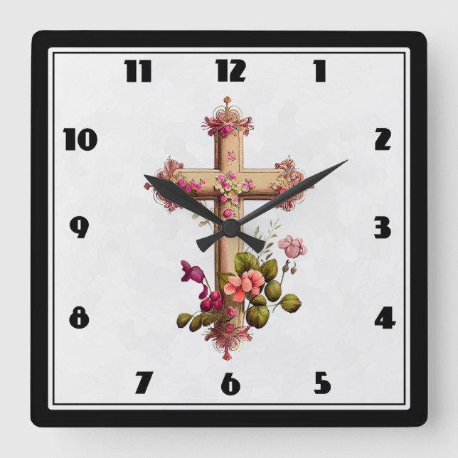 Elegant Wooden Cross with Pink Flowers Square Wall Clock (Front)