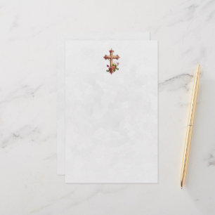 Elegant Wooden Cross with Pink Flowers Stationery