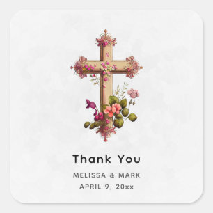 Elegant Wooden Cross with Pink Flowers Thank You Square Sticker