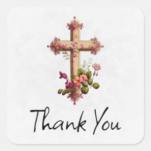 Elegant Wooden Cross with Pink Flowers Thank You Square Sticker
