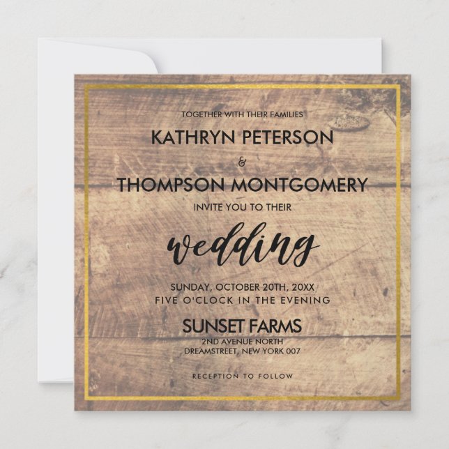 Elegant Wooden Gold Wedding Invitation (Front)