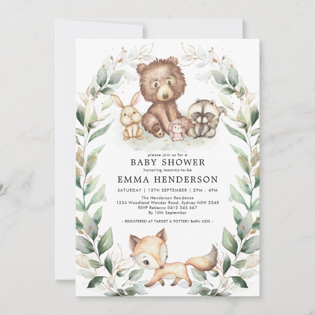 Elegant Woodland Animals Baby Shower Greenery Gold Invitation (Front)