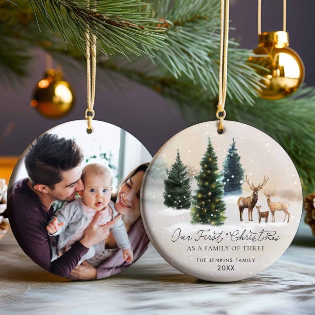 Elegant Woodland Family of Three Photo Christmas Ceramic Tree Decoration (Elegant Forest Family of Three Christmas Ornament)