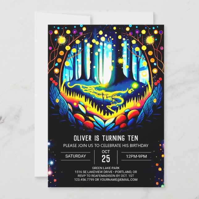 Elegant Woodland Forest Fireflies Birthday Invitation (Front)