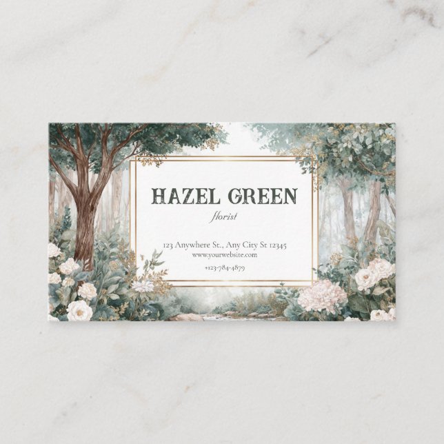 Elegant Woodland Garden Floral Gold Frame Business Card (Front)
