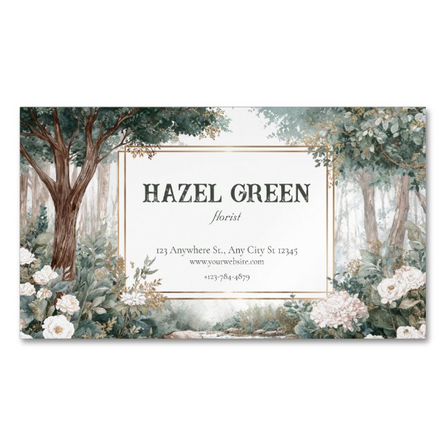 Elegant Woodland Garden Floral Gold Frame Magnetic Business Card (Front)