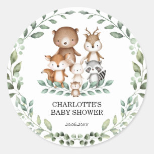Elegant Woodland Greenery Animal Baby Shower Favou Classic Round Sticker