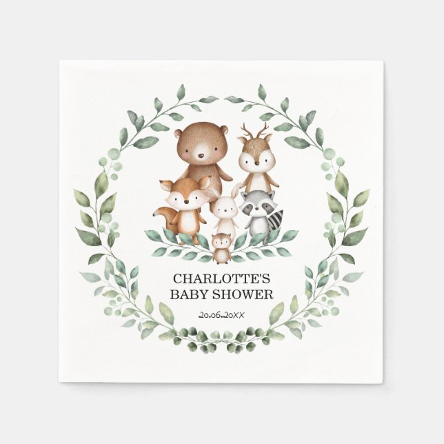 Elegant Woodland Greenery Animal Coed Baby Shower Napkin (Front)