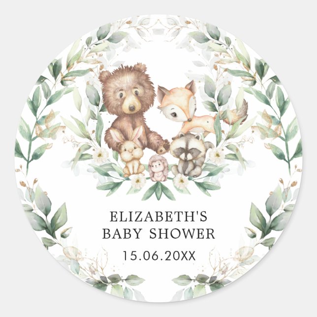 Elegant Woodland Greenery Gold Forest Baby Shower  Classic Round Sticker (Front)