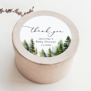 Elegant woodland pine trees baby shower thank you classic round sticker