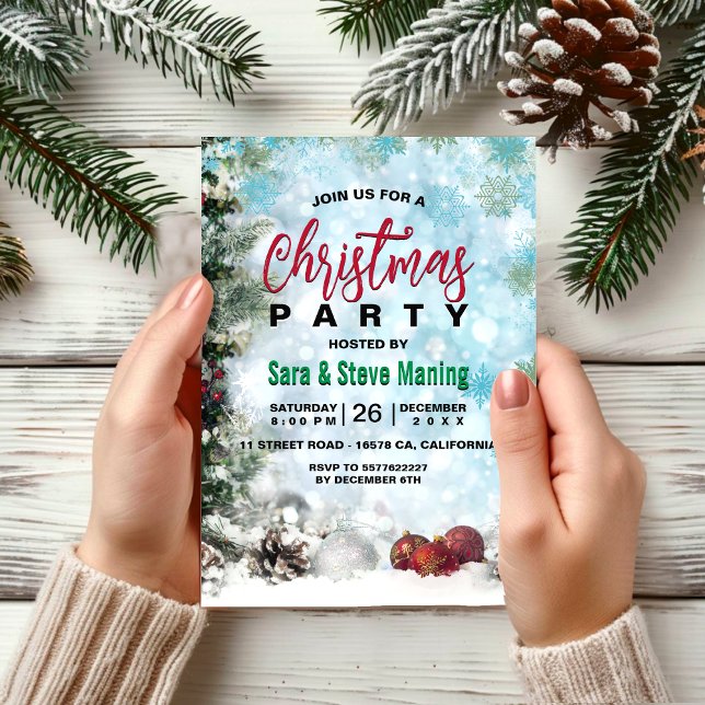 Elegant woodland snowflakes green Christmas party Invitation (Creator Uploaded)