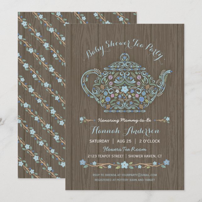 Elegant Woodland Teapot Baby Boy Shower Invite (Front/Back)