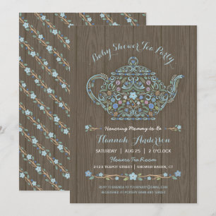 Elegant Woodland Teapot Baby Boy Shower Invite