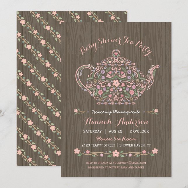 Elegant Woodland Teapot Baby Girl Shower Invite (Front/Back)