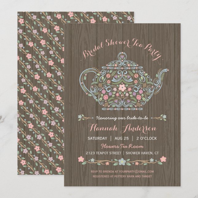 Elegant Woodland Teapot Bridal Shower Invitation (Front/Back)