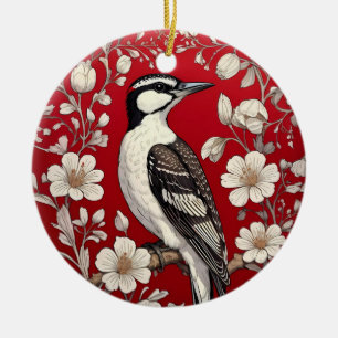 Elegant Woodpecker Floral William Morris Inspired Ceramic Tree Decoration