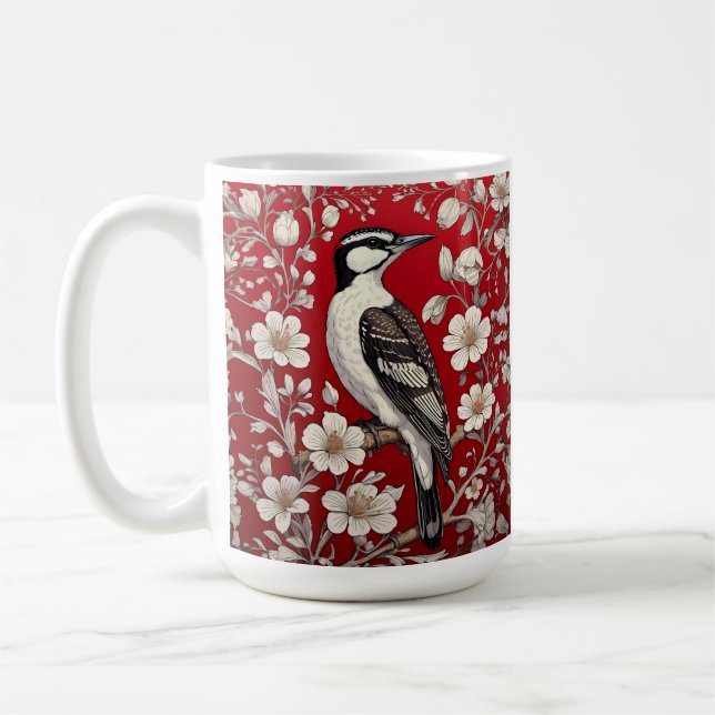 Elegant Woodpecker Floral William Morris Inspired Coffee Mug (Left)