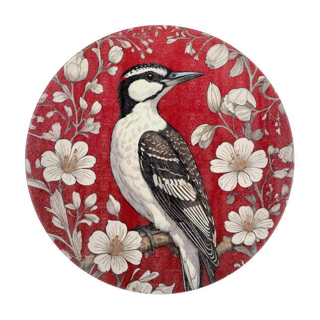 Elegant Woodpecker Floral William Morris Inspired Cutting Board (Front)