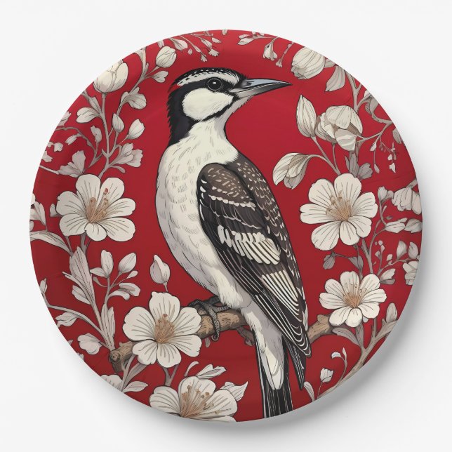 Elegant Woodpecker Floral William Morris Inspired Paper Plate (Front)