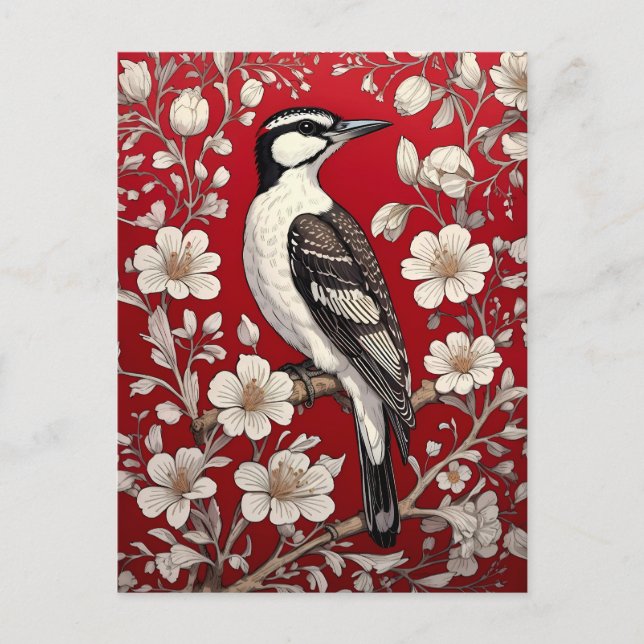 Elegant Woodpecker Floral William Morris Inspired Postcard (Front)