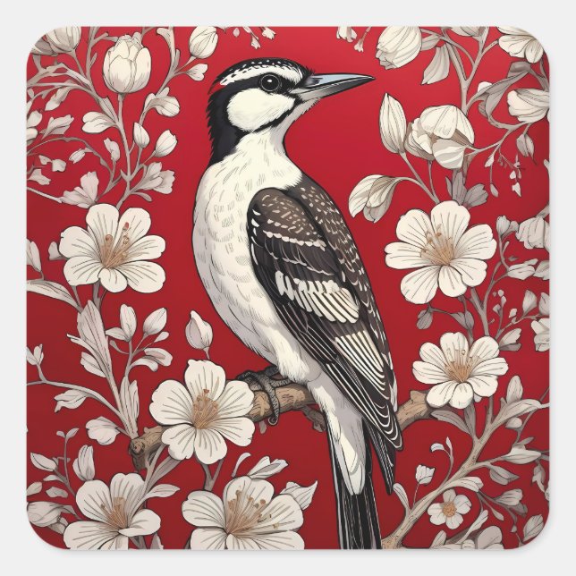 Elegant Woodpecker Floral William Morris Inspired Square Sticker (Front)
