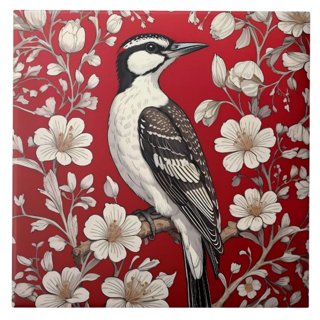 Elegant Woodpecker Floral William Morris Inspired Tile (Front)